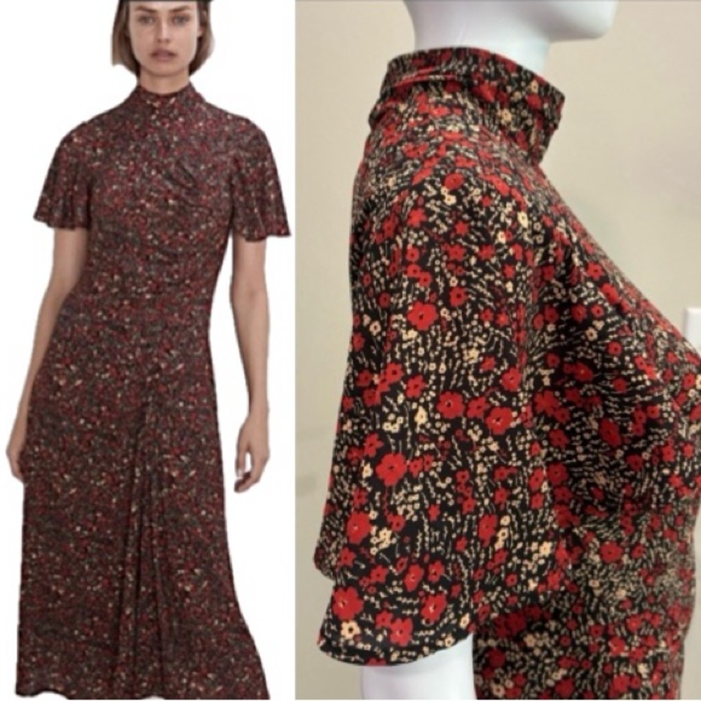 Tokyo Talkies Red Floral Maxi Dress Size M Flutter Sleeve Mock Neck Cottagecore